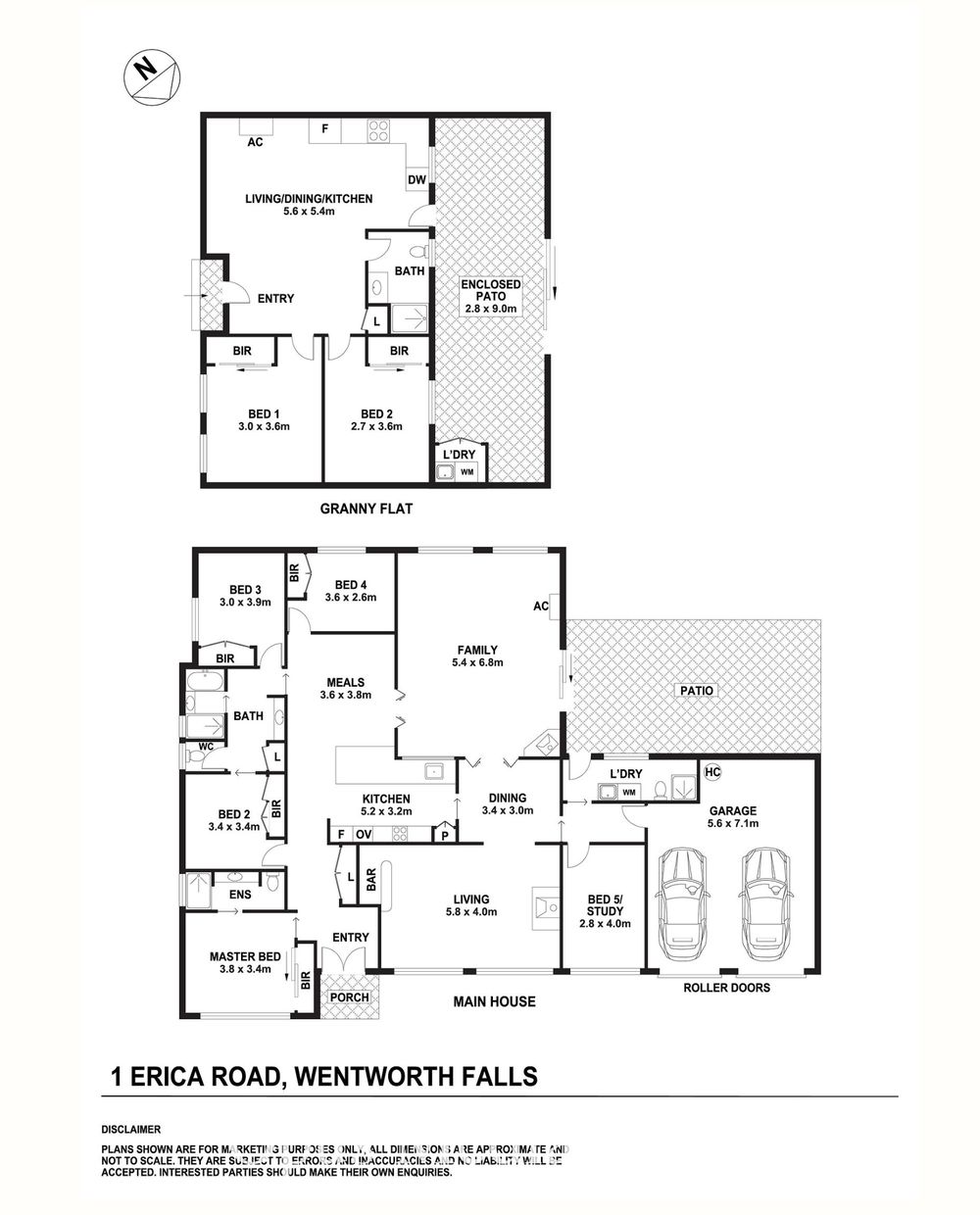 Floor plan of 1 Erica Road, Wentworth Falls: granny flat with living/dining/kitchen, two bedrooms, bathroom, laundry and enclosed patio; main house with master bedroom and ensuite, bedrooms 2 to 4, bed 5/study, bathroom, meals, kitchen, family, dining, living, laundry, patio and a 5.6 x 7.1 m double garage