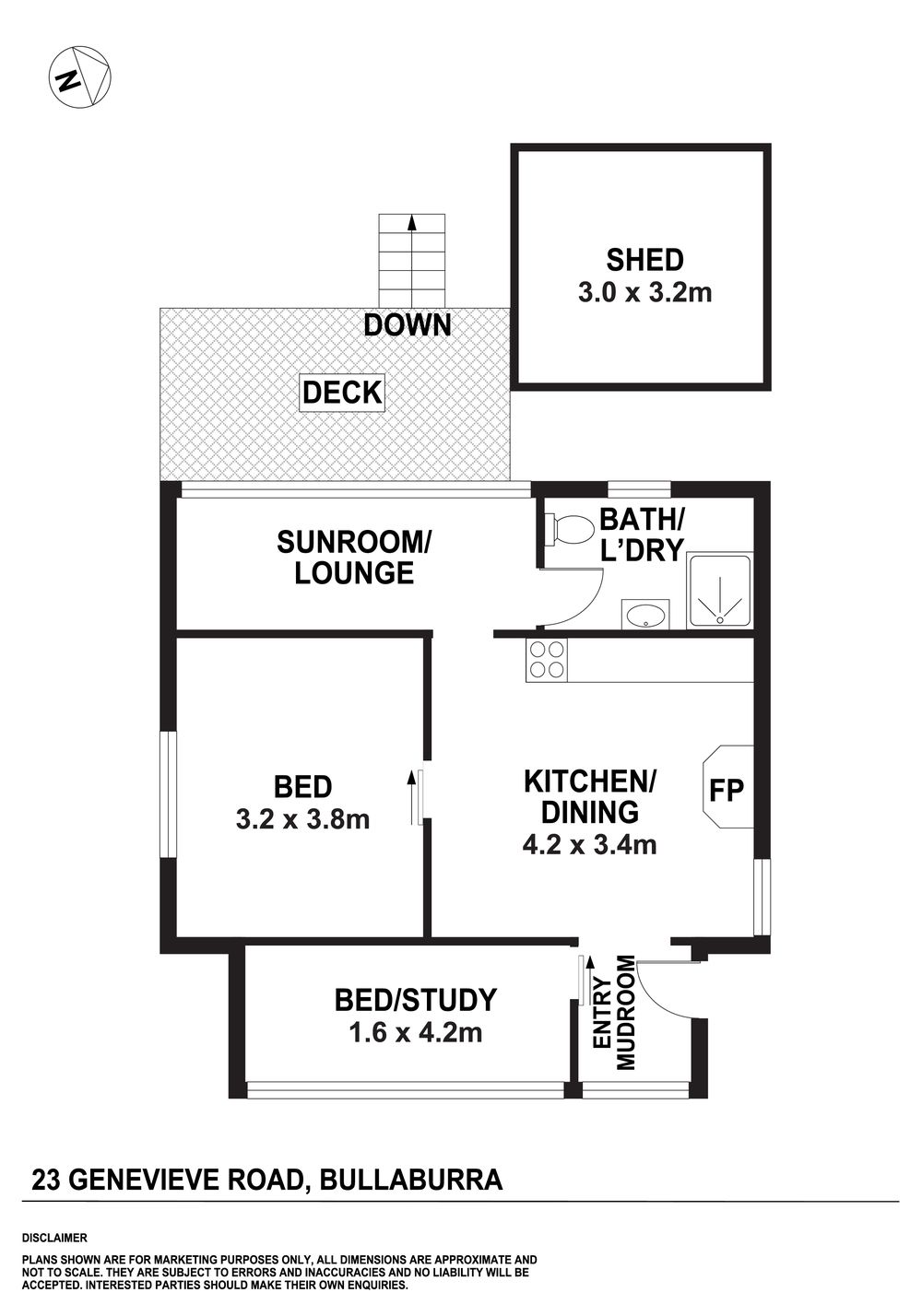 Floor plan of the cottage at 23 Genevieve Road: bedroom, bed/study, kitchen/dining with fireplace, sunroom/lounge, bathroom/laundry, entry, rear deck and a separate 3.0 x 3.2 m shed