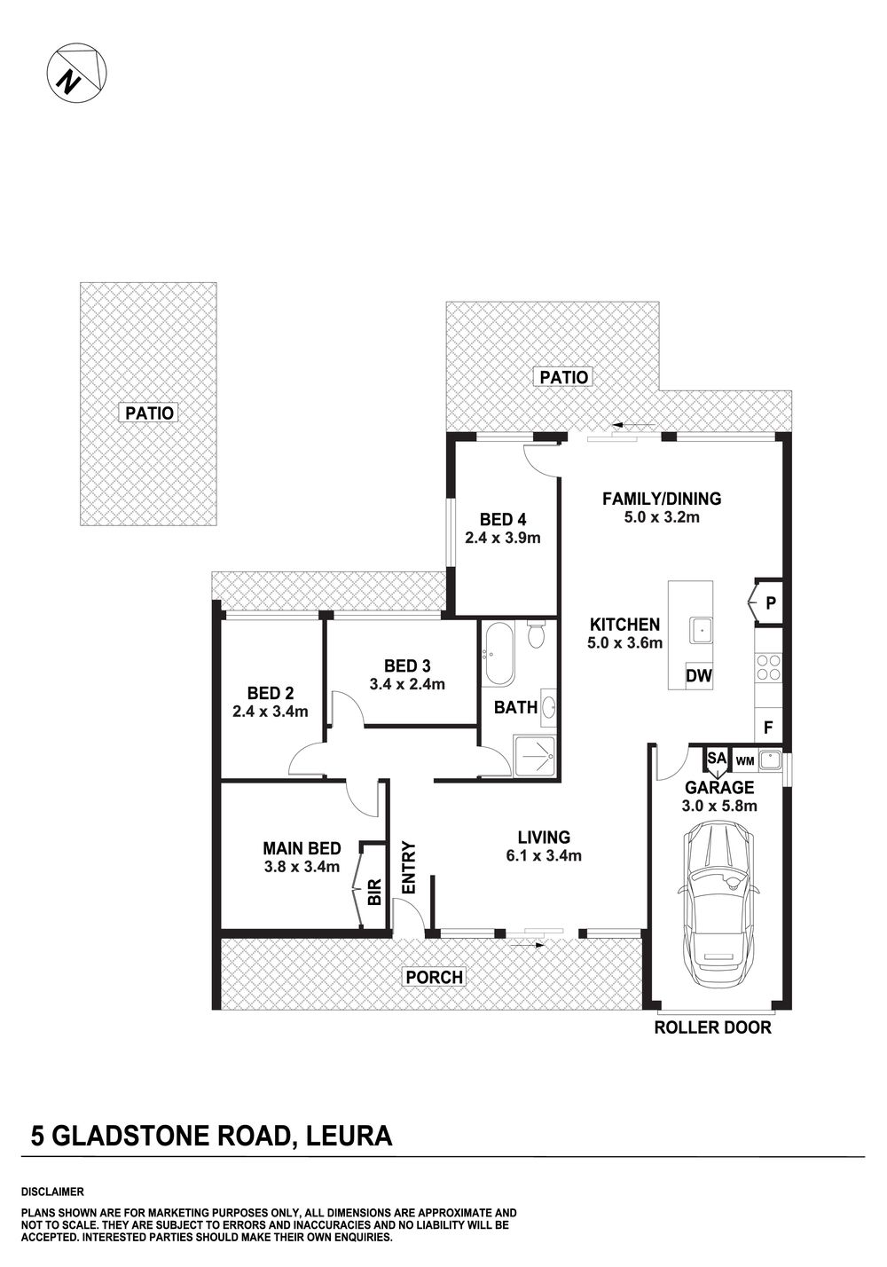 Floor plan of 5 Gladstone Road: main bedroom with built-in robe, three further bedrooms, bathroom, living room, kitchen, family/dining, single garage with laundry, a front porch and patios