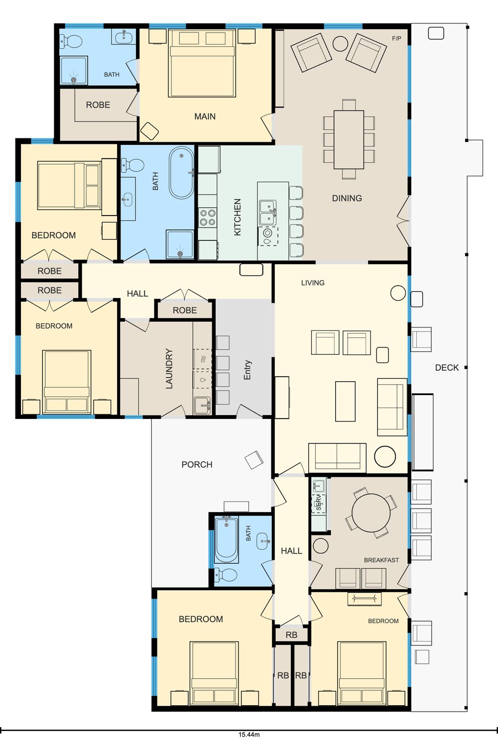 Floor plan of 74 Highland Street: main bedroom with ensuite and robe, four further bedrooms, three bathrooms, kitchen, dining, living and breakfast rooms, laundry, porch and a deck along one side