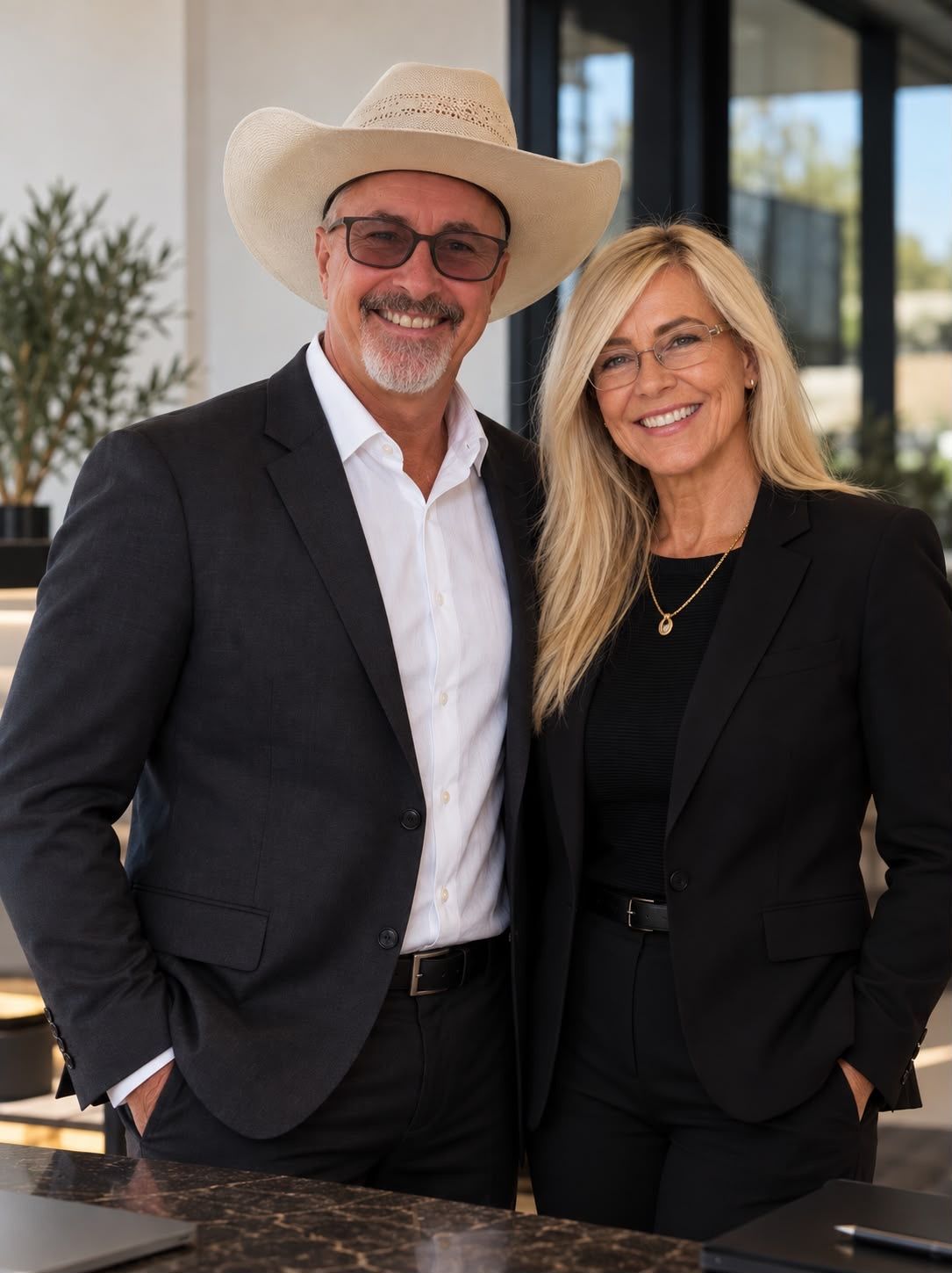 Bianca and Neil Brown standing together in dark suits