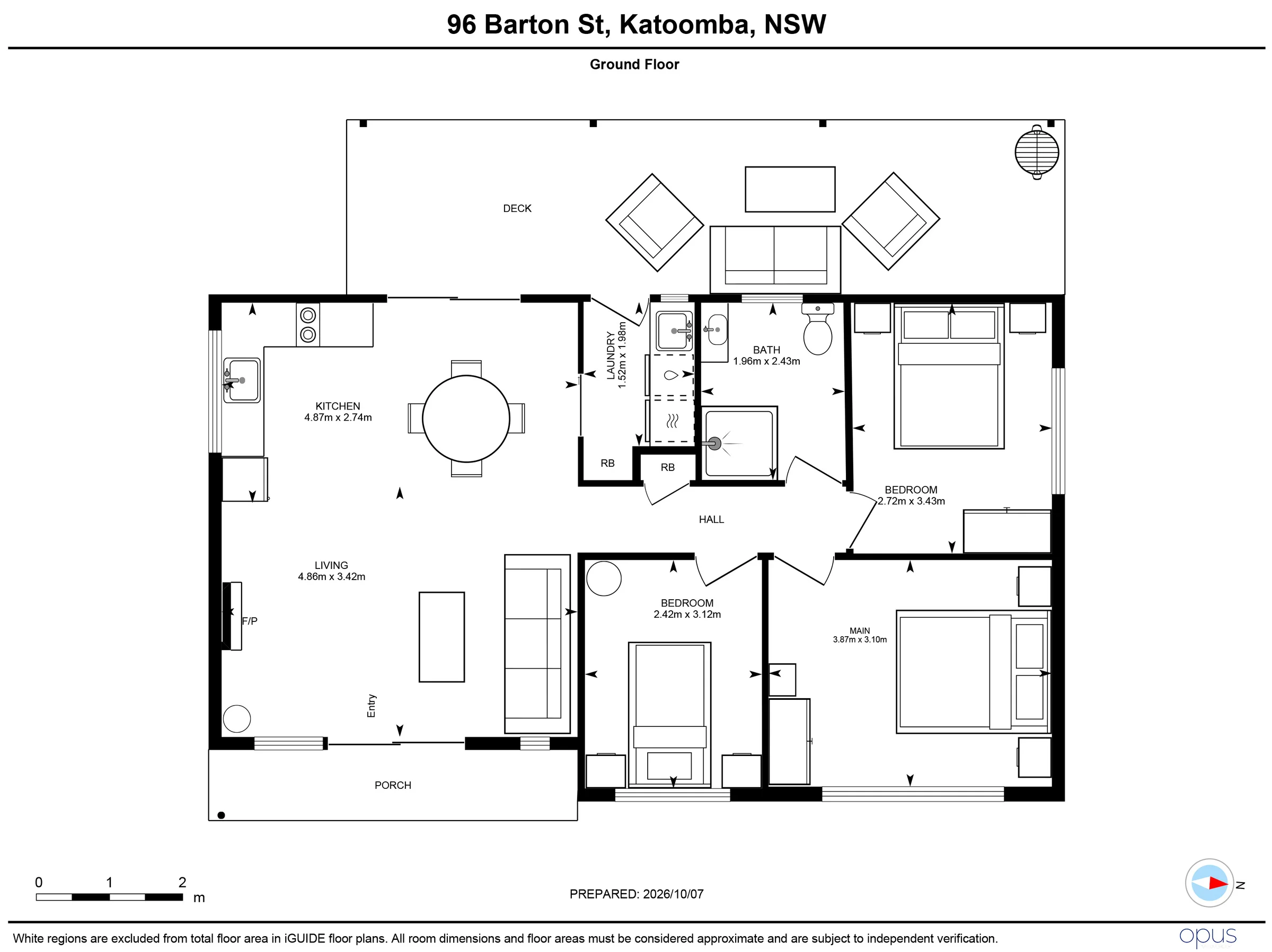 Floor plan of 96 Barton Street, Katoomba, showing three bedrooms, one bathroom, open-plan living, kitchen and dining, a seperate laundry, front porch and large rear deck.