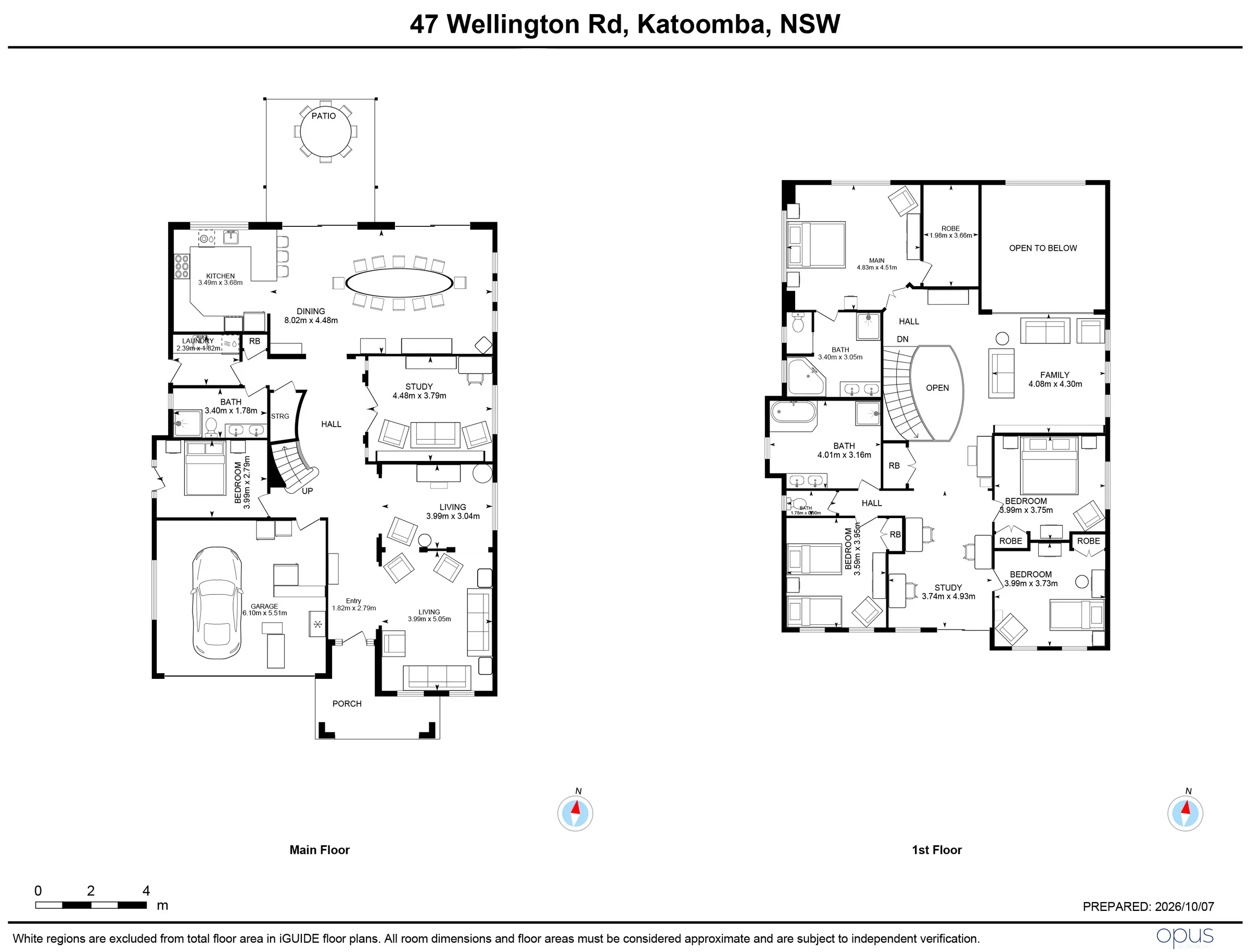 Two-storey residential floor plan showing the ground-floor living and dining areas, kitchen, study, garage and outdoor patio, with bedrooms, bathrooms and additional living spaces on the upper level.